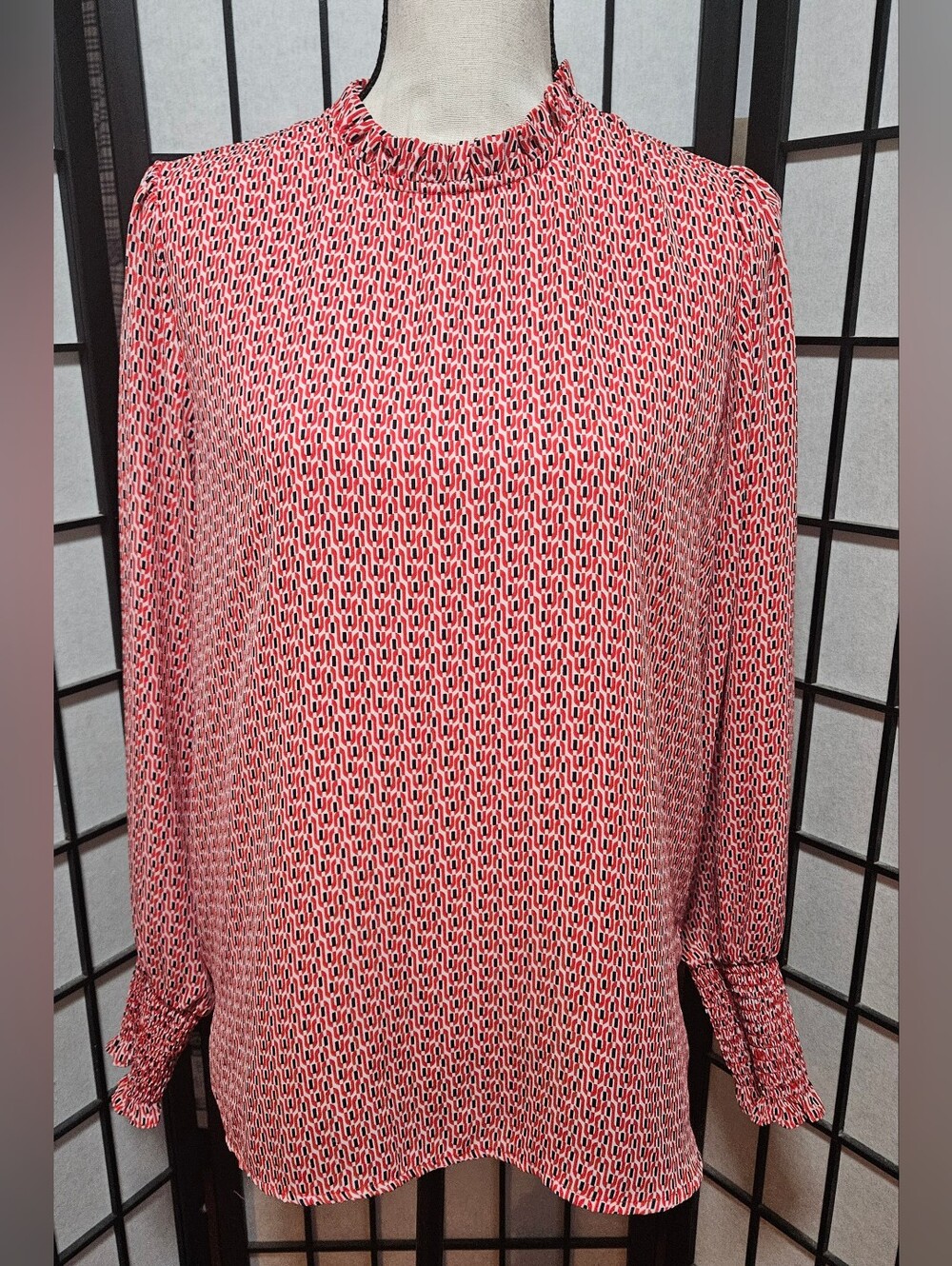 Carolina Belle Montreal Large Red, White, Black High Neck Blouse
